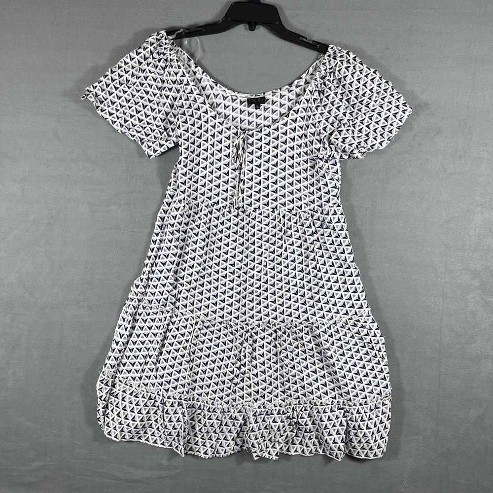 MOD LUSIVE Women's Size S White Blue Geometric Print Tiered Midi Dress Rayon